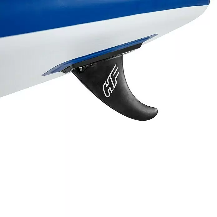 Bestway Juego de paddle surf Oceana - L x An x Al: 305 x 84 x 12 cm, Carga útil: 120 kg, Hinchable - Aleta negra con logo blanco 'HF™', fijada a la parte inferior azul y blanca de una tabla.