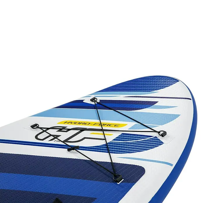 Bestway Juego de paddle surf Oceana - L x An x Al: 305 x 84 x 12 cm, Carga útil: 120 kg, Hinchable - Primer plano de una tabla de paddle surf Hydro-Force con un diseño azul y blanco y una cuerda elástica negra.
