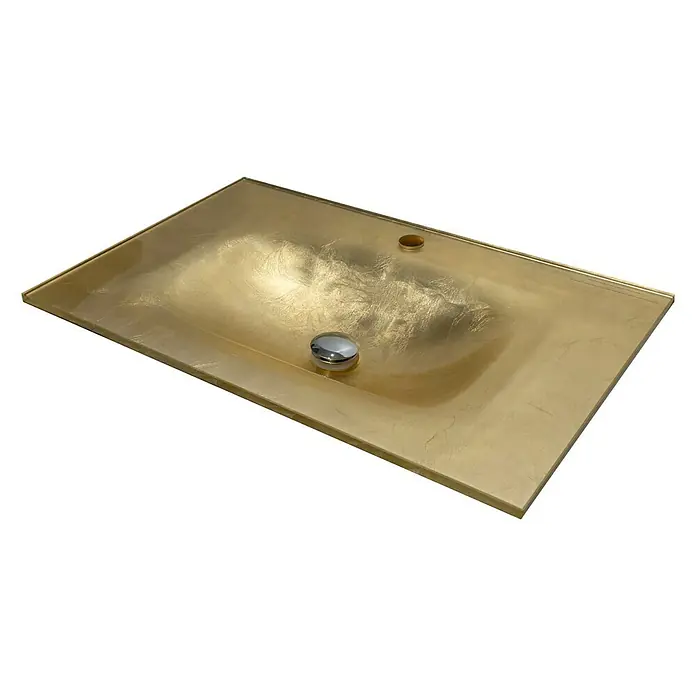 Lavabo Cristal - 71 x 46 cm, Orificios para grifo: Medio, Sin desbordamiento, Dorado - Elegante lavabo rectangular en tonos dorados con detalles brillantes y un desagüe moderno, perfecto para baños con estilo.