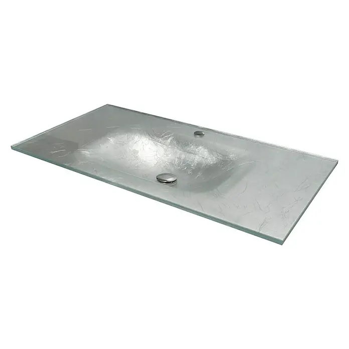 Lavabo Cristal - 101 x 46 cm, Orificios para grifo: Medio, Sin desbordamiento, Plateado - Primer plano de un lavabo rectangular de vidrio con superficie plateada estampada y desagües redondos.