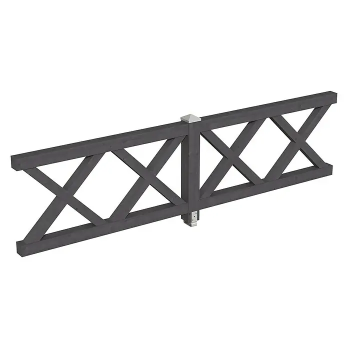 SKAN HOLZ Brüstungsgeländer - Passend für: Skan Holz Leimholz-Pavillons, Pfostenabstand 335 cm, Schiefergrau - Eine graue Holzzaun-Sektion mit kreuzförmigem Design, ideal für rustikale Gärten oder als dekoratives Element. Der Zaun bietet Sichtschutz und verleiht Charme.