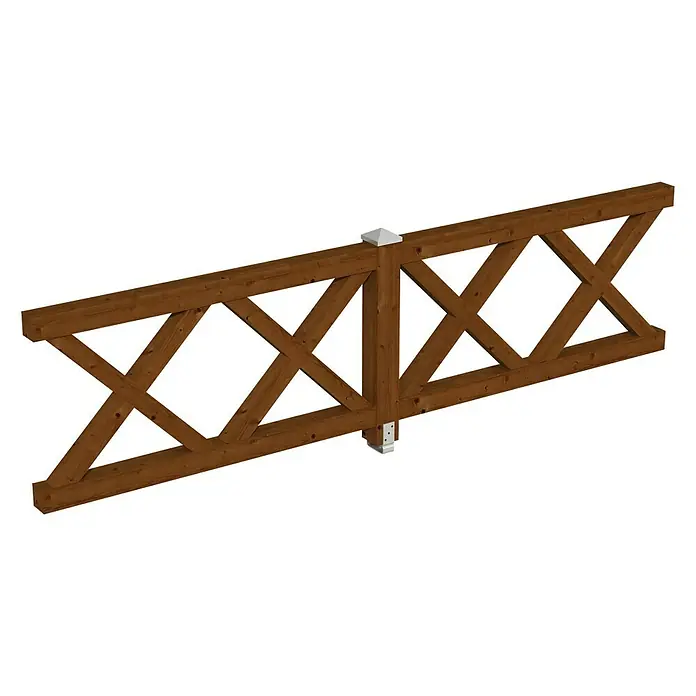 SKAN HOLZ Brüstungsgeländer - Passend für: Skan Holz Leimholz-Pavillons, Pfostenabstand 335 cm, Nussbaum - Nahaufnahme einer dekorativen Holzzaunlatte mit markanter Kreuzgitterstruktur und weißem Pfostenaufsatz, ideal für stilvolle Gartengestaltung.