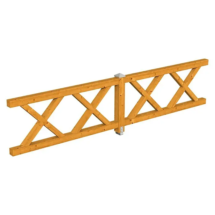 SKAN HOLZ Brüstungsgeländer - Passend für: Skan Holz Leimholz-Pavillons, Pfostenabstand 400 cm, Eiche Hell - Illustration einer Holzbrücke. Das Brückendesign besteht aus sich kreuzenden Stützen zwischen zwei parallelen horizontalen Trägern.