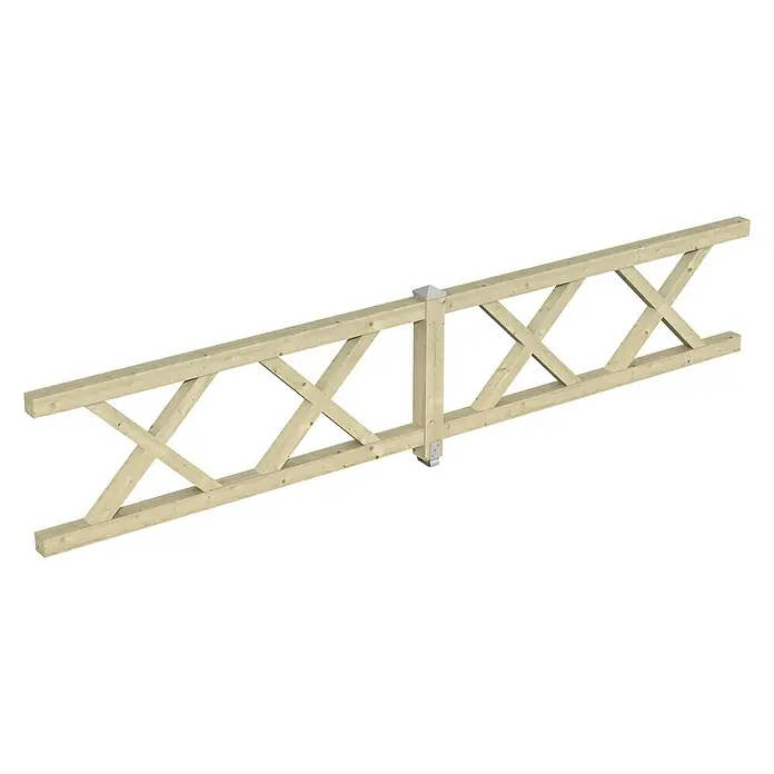 SKAN HOLZ Brüstungsgeländer - Passend für: Skan Holz Leimholz-Pavillons, Pfostenabstand 465 cm, Natur - Ansicht eines hölzernen Sprengwerk-Dachsparren mit diagonalen Verstrebungen und einem Pfosten in der Mitte für zusätzliche Stabilität.