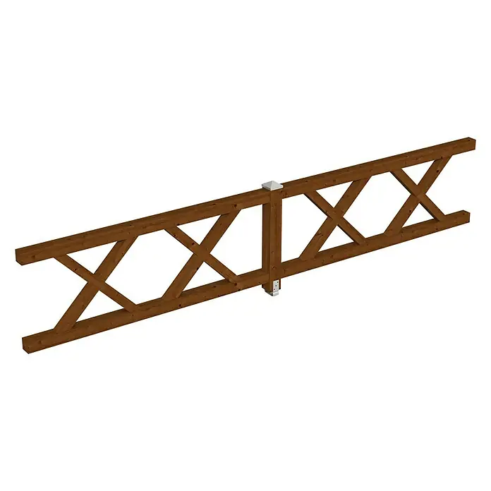 SKAN HOLZ Brüstungsgeländer - Passend für: Skan Holz Leimholz-Pavillons, Pfostenabstand 465 cm, Nussbaum - Ansicht eines Holzbalkens mit Träger und zwei seitlichen Verstrebungen in X-Form, mit Stützbalken in der Mitte.