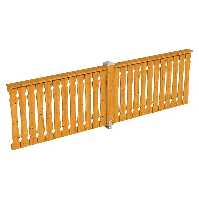 Skan Holz BrüstungsgeländerPassend für: Skan Holz Leimholz-Terrassenüberdachungen & -Pavillons, Pfostenabstand 335 cm, Eiche Hell - Ansicht eines dekorativen, geschnitzten Holzzauns, der sich ideal zur stilvollen Abgrenzung von Gärten oder Grundstücken eignet.