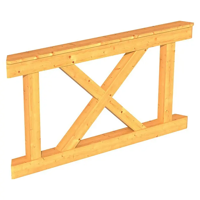Skan Holz Brüstungsgeländer AndreaskreuzPassend für: Skan Holz Pavillon Colmar 2, Natur - Ein detailreiches Bild einer hölzernen X-förmigen Strebe. Perfekt für rustikale oder strukturelle Designprojekte.