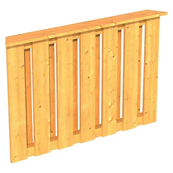 SKAN HOLZ Brüstungsgeländer - Passend für: Skan Holz Pavillon Colmar 1, Natur - Ansicht eines hellbraunen Holzpalettenzauns mit Latten und Lücken, der eine natürliche und robuste Ästhetik bietet.