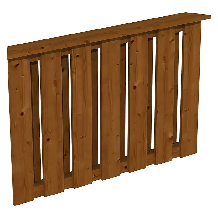 SKAN HOLZ Brüstungsgeländer - Passend für: Skan Holz Pavillon Colmar 1, Nussbaum - Ansicht einer Holzwand mit vertikalen Brettern und offenen Zwischenräumen, ideal für Garten oder Terrasse. Die Holzstruktur verleiht eine rustikale Note.