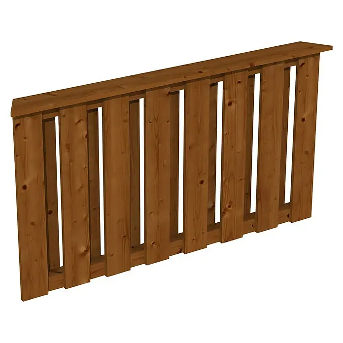 Skan Holz BrüstungsgeländerPassend für: Skan Holz Pavillon Colmar 2, Nussbaum - Ein Holzzaun-Element in warmen Brauntönen mit vertikalen Latten und rechteckigen Aussparungen, ideal für Garten oder Terrasse.