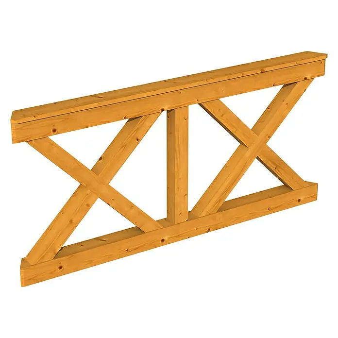 Skan Holz Brüstungsgeländer AndreaskreuzPassend für: Skan Holz Pavillon Nice 3, Eiche hell - Ansicht eines hellbraunen Dachstuhls mit Kreuzstreben auf schwarzem Hintergrund.