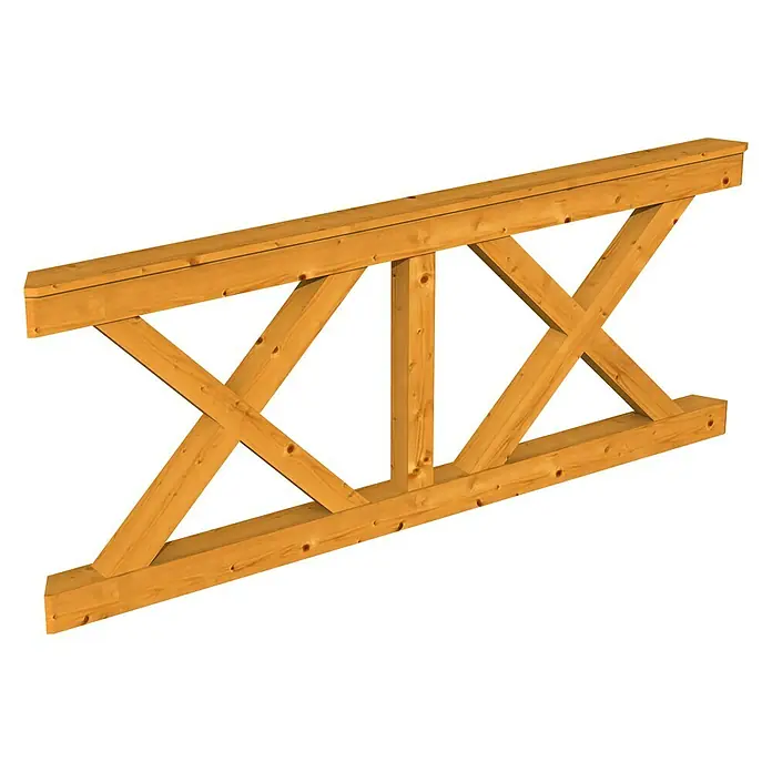 Skan Holz Brüstungsgeländer AndreaskreuzPassend für: Skan Holz Pavillon Nice 4, Eiche Hell - Das Bild zeigt einen hölzernen Dachbinder mit einer markanten Kreuzstrebenkonstruktion und einer warmen, natürlichen Holzfarbe auf schwarzem Hintergrund.