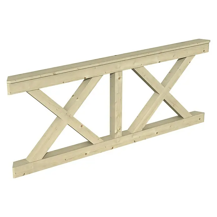 Skan Holz Brüstungsgeländer AndreaskreuzPassend für: Skan Holz Pavillon Nice 4, Natur - Holzbalken-Fachwerkträger: Robuste Konstruktion aus hellem Holz, ideal für dekorative und strukturelle Anwendungen in Bauprojekten.