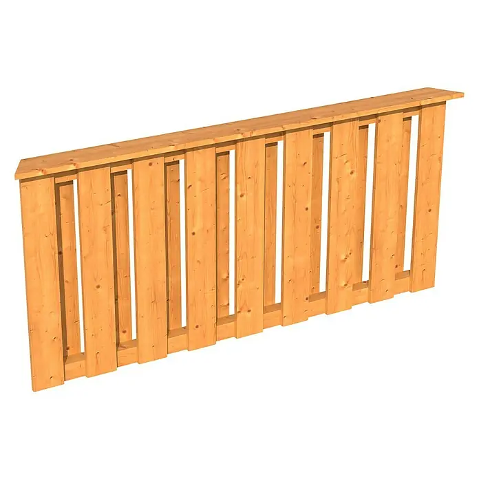 Skan Holz BrüstungsgeländerPassend für: Skan Holz Pavillon Lyon 2, Natur - Das Bild zeigt eine Holzbalustrade mit vertikalen Brettern und einem horizontalen Abschluss, ideal für Balkone oder Terrassen.