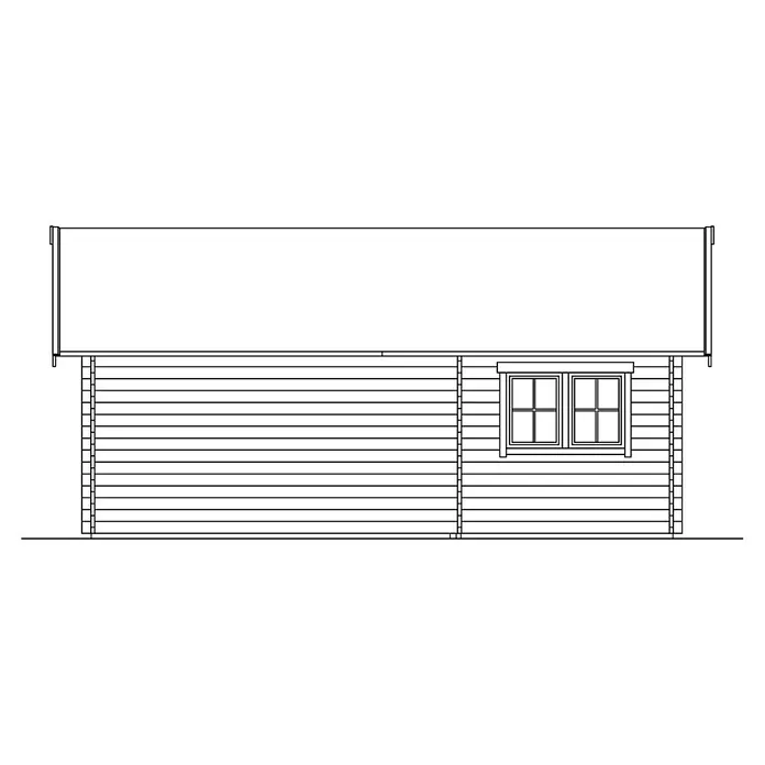 SKAN HOLZ Gartenhaus Bern 4 - Außenmaß inkl. Dachüberstand (B x T): 500 x 740 cm, Holz, Natur, 27,72 m² - Bild einer Blockhütte mit einem Fenster. Die Hütte hat ein Vordach und eine horizontale Holzverkleidung.