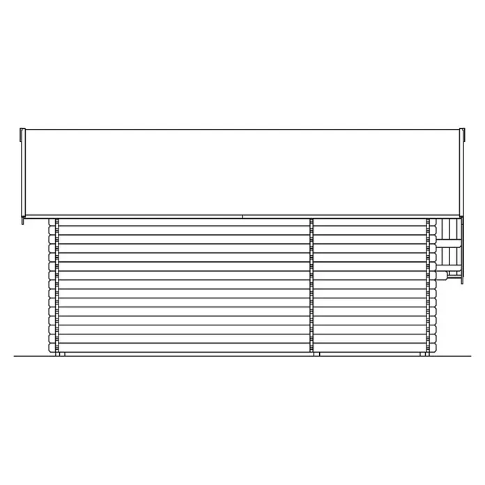 SKAN HOLZ Gartenhaus Esbjerg 3 - Außenmaß inkl. Dachüberstand (B x T): 720 x 660 cm, Holz, Natur - Ansicht eines Blockhauses mit horizontalen Stämmen und einem einfachen Dach, ideal für Garten oder als rustikaler Wohnraum.