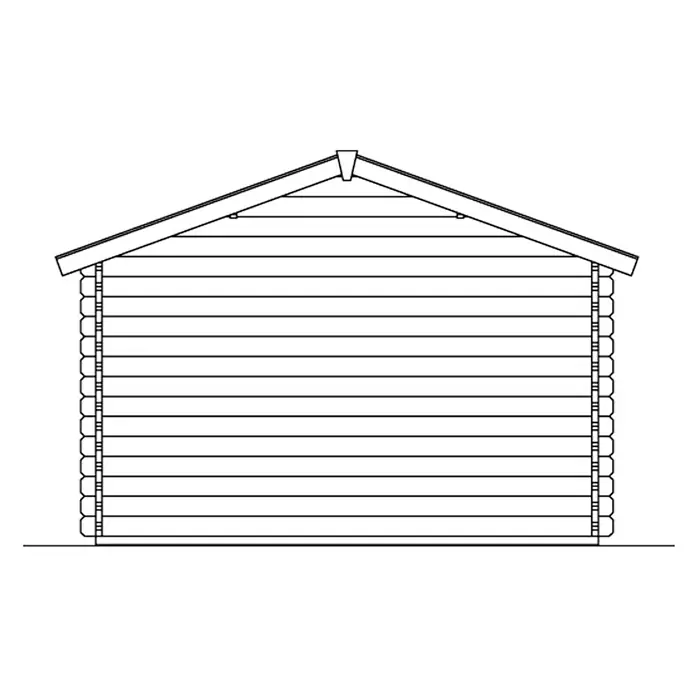 SKAN HOLZ Gartenhaus Langesund 2 - Außenmaß inkl. Dachüberstand (B x T): 380 x 400 cm, Holz, Natur - Detaillierte Schemazeichnung eines Blockhauses mit Satteldach. Präzise Linienführung zeigt die Holzkonstruktion und das Design des Hauses.