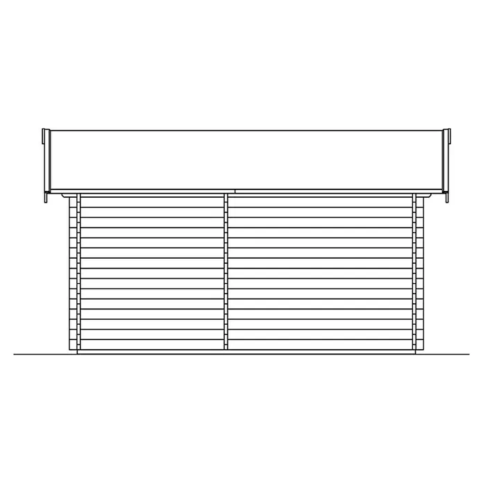 SKAN HOLZ Gartenhaus Lausanne - Außenmaß inkl. Dachüberstand (B x T): 530 x 380 cm, Holz, Natur, Grundfläche: 13,5 m² - Ansicht eines Blockhauses mit horizontaler Holzverkleidung und flachem Dach. Der Fokus liegt auf der Konstruktion und dem Design des Hauses.