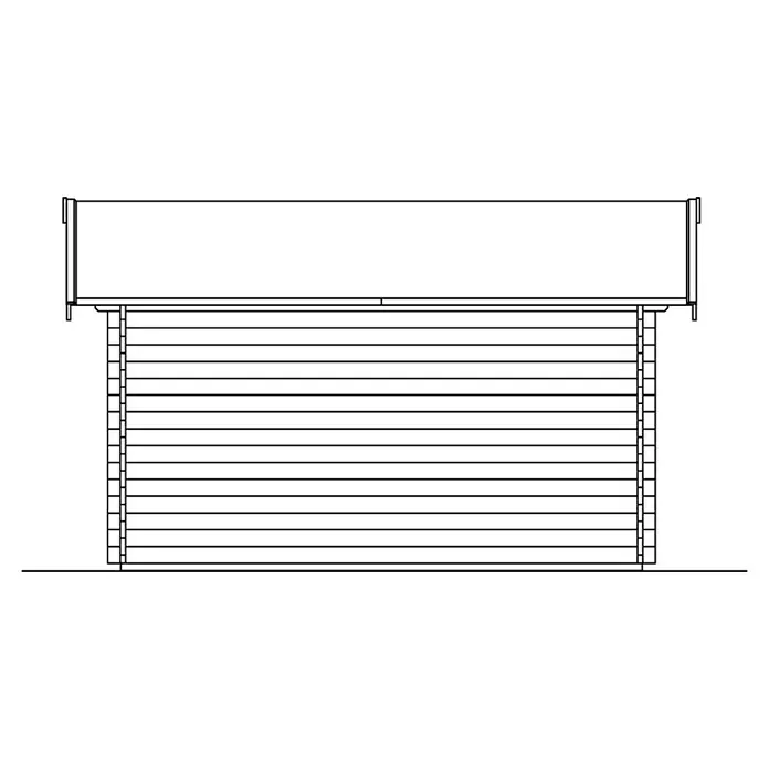 SKAN HOLZ Gartenhaus Lugano 1 - Außenmaß inkl. Dachüberstand (B x T): 500 x 380 cm, Holz, Natur, 2 Lagen Dachschaltung - Eine detaillierte Strichzeichnung eines Blockhauses mit horizontalen Linien und einem überhängenden Dach.