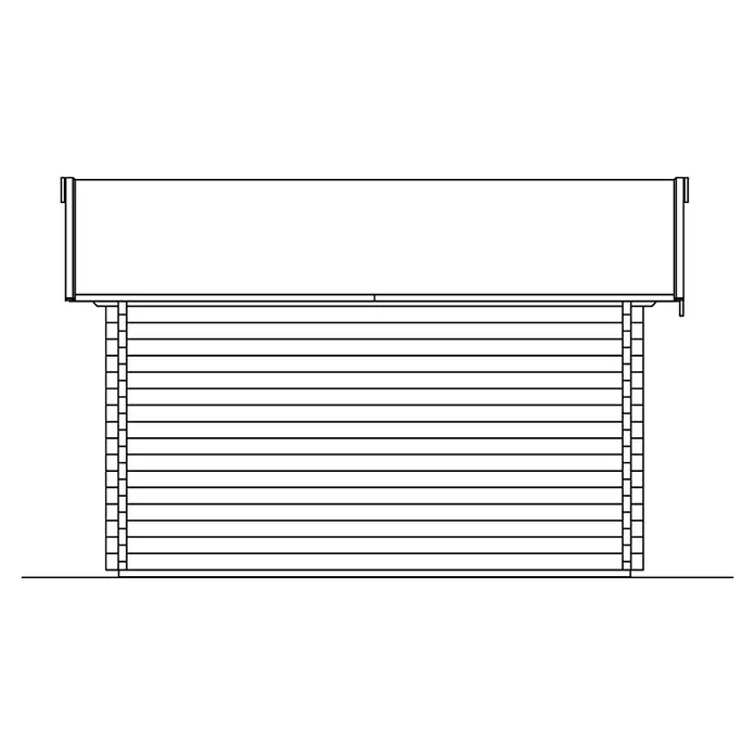 SKAN HOLZ Gartenhaus Montreal 2 - Außenmaß inkl. Dachüberstand (B x T): 500 x 460 cm, Holz, Natur, Dachschalung & Dachlattung - Schemazeichnung eines Holzhauses mit horizontalen Holzleisten und einem flachen Dach, das ein schlichtes, modernes Design zeigt.