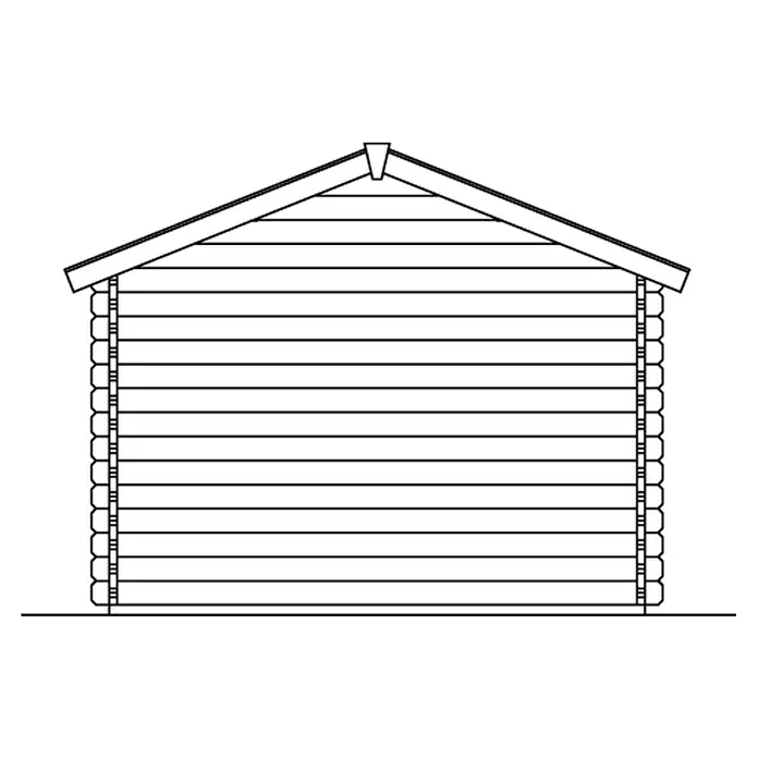 SKAN HOLZ Gartenhaus Narvik 2 - Außenmaß inkl. Dachüberstand (B x T): 340 x 400 cm, Holz, Natur - Skizze eines Blockhauses mit Giebeldach, bestehend aus horizontal gestapelten Baumstämmen. Das Design ist schlicht und betont die Holzstruktur.