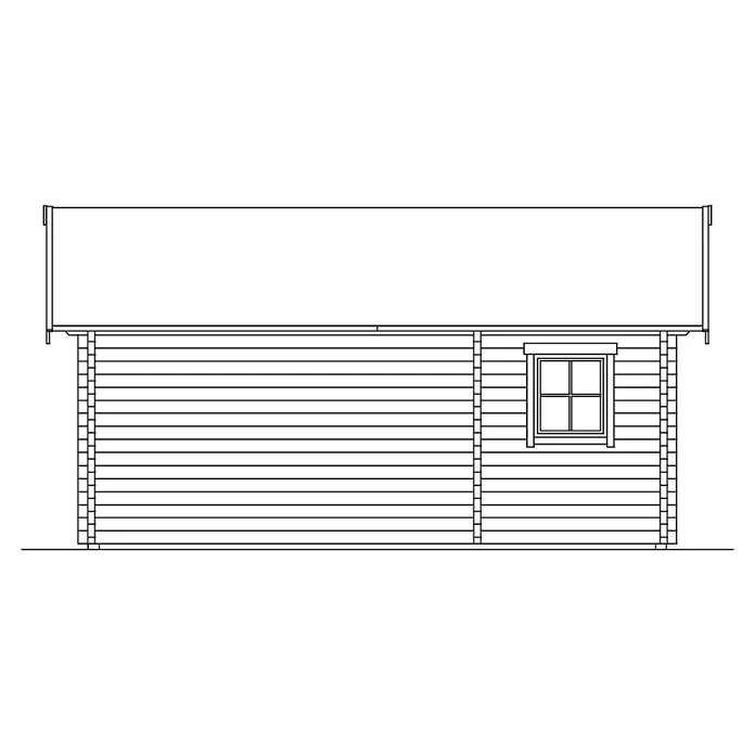 SKAN HOLZ Gartenhaus Ontario - Außenmaß inkl. Dachüberstand (B x T): 680 x 580 cm, Holz, Natur, 1 Lage Dachschalung - Seitenansicht eines Blockhauses mit Fenster unter einem Dachüberstand. Das Holzhaus hat eine horizontale Blockbauweise.