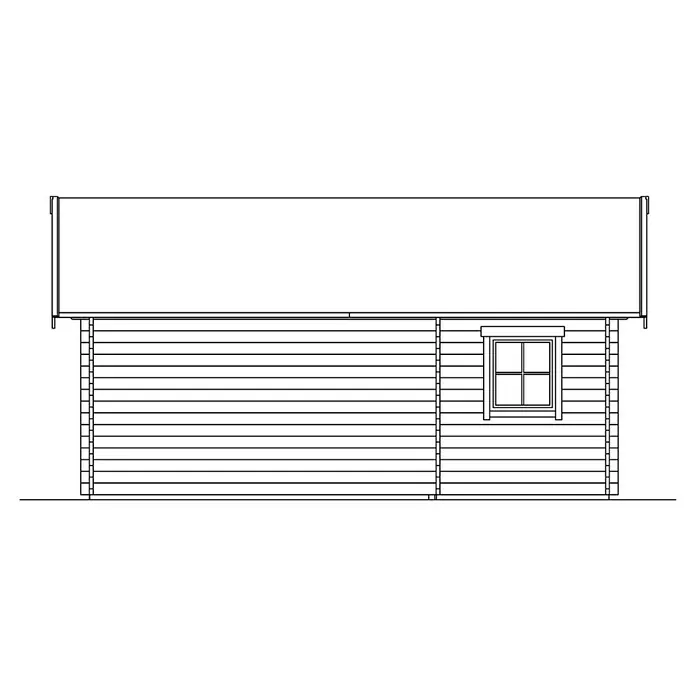 SKAN HOLZ Gartenhaus St. Moritz - Außenmaß inkl. Dachüberstand (B x T): 680 x 580 cm, Holz, Natur, 1 Lage Dachschalung - Seitenansicht einer Blockhütte mit Fenster unter einem markanten Dachüberhang, detailliert in einer klaren Strichzeichnung dargestellt.