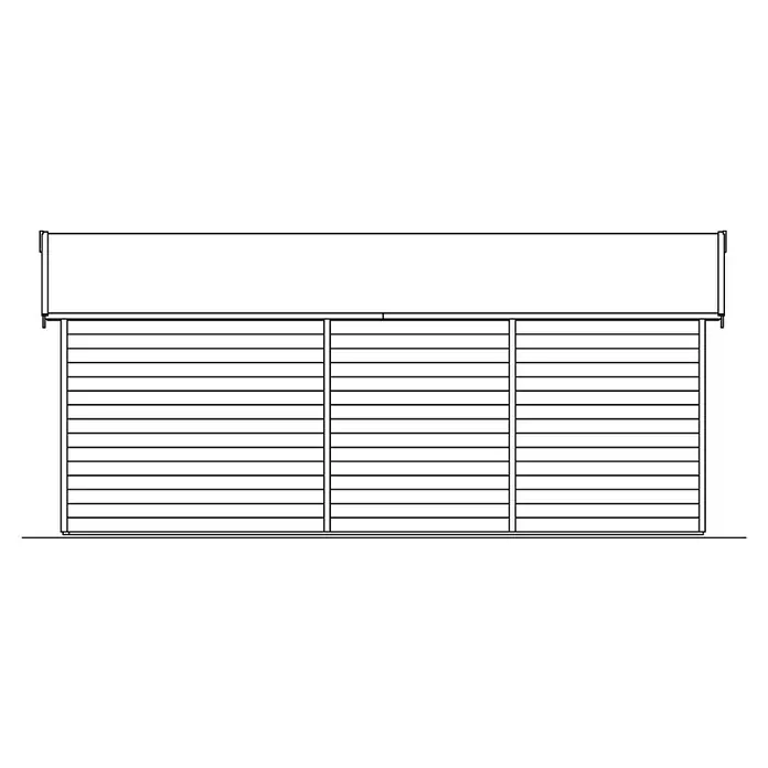 SKAN HOLZ Gartenhaus Tilburg - Außenmaß inkl. Dachüberstand (B x T): 653 x 420 cm, Holz, Schwedenrot - Abbildung einer Gartenhütte mit horizontaler Holzverkleidung und flachem Dach, dargestellt in einer technischen Zeichnung.