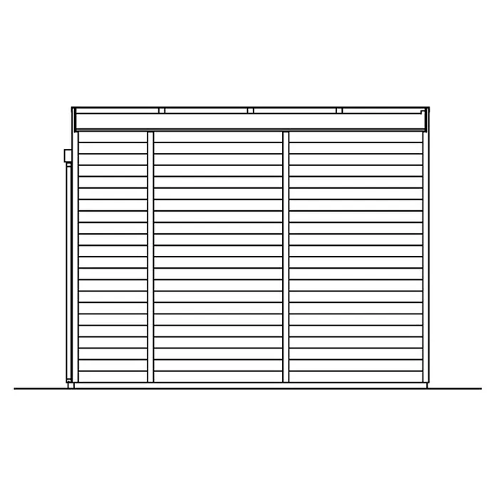 SKAN HOLZ Gartenhaus Tokio 2 - Außenmaß inkl. Dachüberstand (B x T): 340 x 440 cm, Holz, Natur, 11,56 m², Einschalig - Diese Abbildung zeigt die Außenseite eines Holzschuppens mit horizontaler Holzverkleidung und einer Dachkonstruktion.