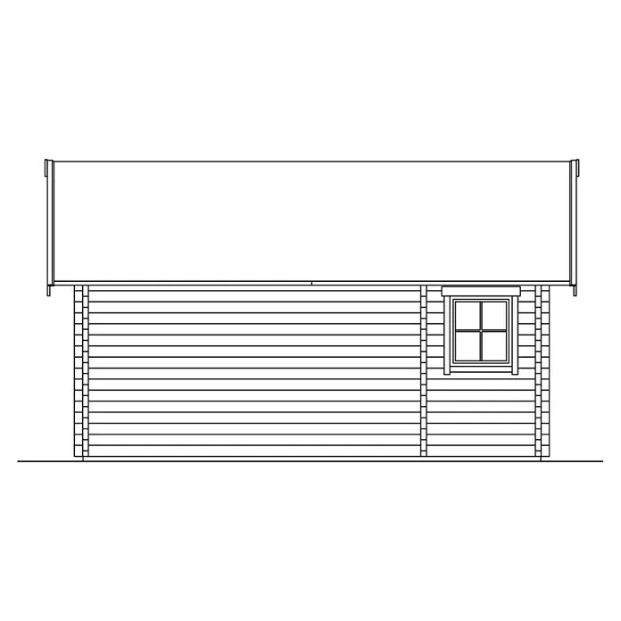 SKAN HOLZ Gartenhaus Toronto 2 - Außenmaß inkl. Dachüberstand (B x T): 500 x 640 cm, Holz, Natur, 23,52 m², Dachschalung & Dachlattung - Abbildung eines Blockhauses mit Fenster und überstehendem Dach. Das Holzhaus zeigt eine einfache, aber stabile Bauweise.