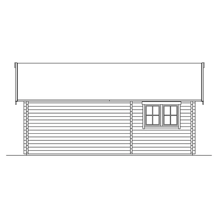 SKAN HOLZ Gartenhaus Toronto 4 - Außenmaß inkl. Dachüberstand (B x T): 500 x 740 cm, Holz, Natur, 27,72 m², 1 Lage Dachschalung - Ansicht eines Holzblockhauses mit Fenster unter einem weit überhängenden Dach.
