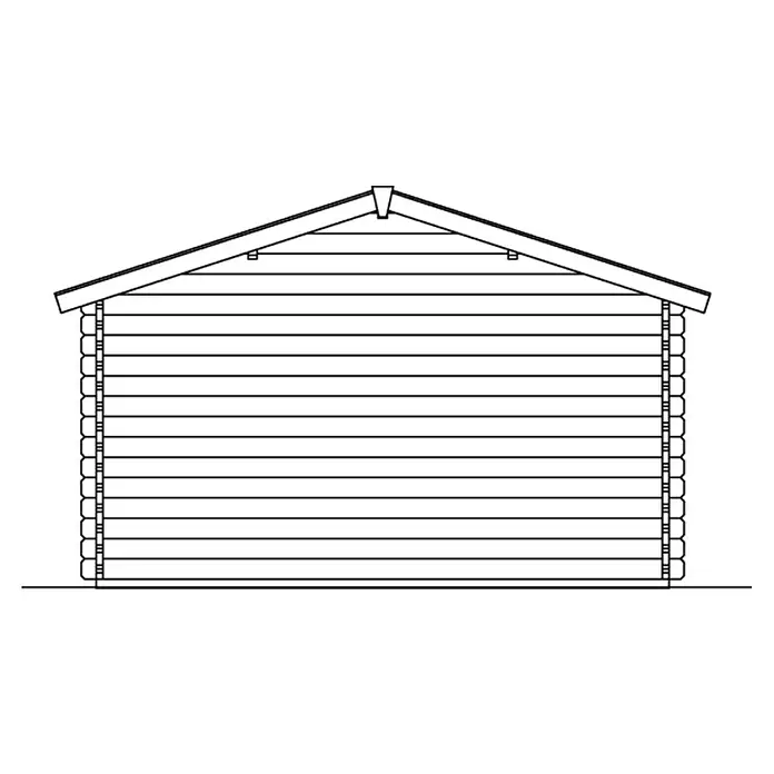 SKAN HOLZ Gartenhaus Trondheim 1 - Außenmaß inkl. Dachüberstand (B x T): 420 x 400 cm, Holz, Natur - Ansicht einer Blockhütte mit Satteldach und horizontalen Holzbalken. Die Konstruktion zeigt traditionelle Bauweise mit präzisen Details.
