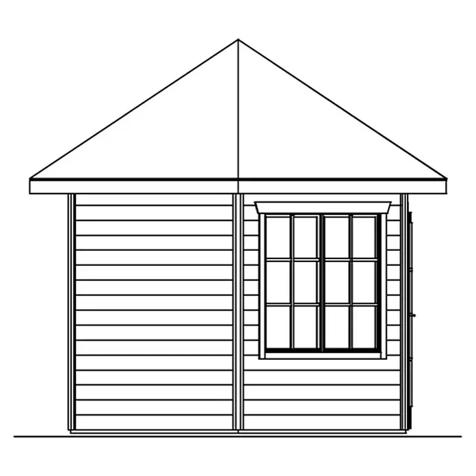 SKAN HOLZ Gartenpavillon Almelo - Holz, Schwedenrot - Eine detaillierte Strichzeichnung eines Gartenhauses mit Satteldach, Fenster und Holzverkleidung, ideal für den Garten.