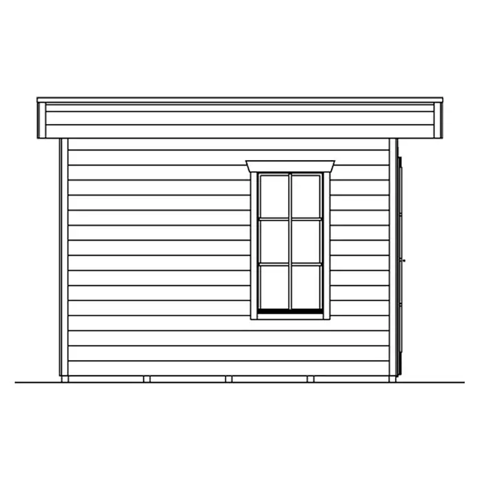 SKAN HOLZ Gartenhaus Breda 1 - Außenmaß inkl. Dachüberstand (B x T): 420 x 360 cm, Holz, Natur - Ansicht einer Gartenlaube mit Fenster und Tür. Die Laube hat eine Holzverkleidung und ein Vordach. Das Fenster ist quadratisch und hat Sprossen.