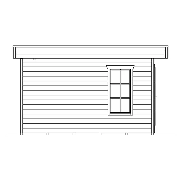 SKAN HOLZ Gartenhaus Breda 2 - Außenmaß inkl. Dachüberstand (B x T): 420 x 440 cm, Holz, Schiefergrau - Seitenansicht eines Holzgartenhauses mit Fenster und horizontaler Verkleidung. Das Gartenhaus hat ein schlichtes, modernes Design.