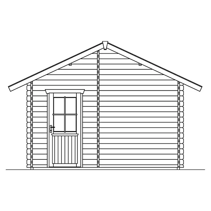 SKAN HOLZ Gartenhaus Esbjerg 1 - Außenmaß inkl. Dachüberstand (B x T): 480 x 620 cm, Holz, Natur - Die Zeichnung zeigt ein Blockhaus mit Satteldach und einer Tür mit Fenstern. Die Wände bestehen aus horizontalen Holzstämmen.