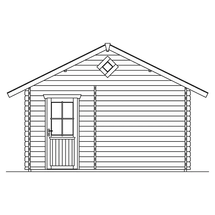 SKAN HOLZ Gartenhaus Esbjerg 2 - Außenmaß inkl. Dachüberstand (B x T): 520 x 660 cm, Holz, Natur - Abbildung eines detailreichen Bauplans eines Blockhauses mit Tür und dekorativem Fenster im Giebel.