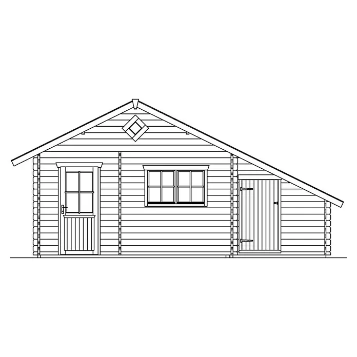 SKAN HOLZ Gartenhaus Esbjerg 3 - Außenmaß inkl. Dachüberstand (B x T): 720 x 660 cm, Holz, Natur - Eine Schwarz-Weiß-Zeichnung eines Blockhauses mit einem Satteldach, einer Tür, einem Fenster und einem dekorativen Rautenfenster.