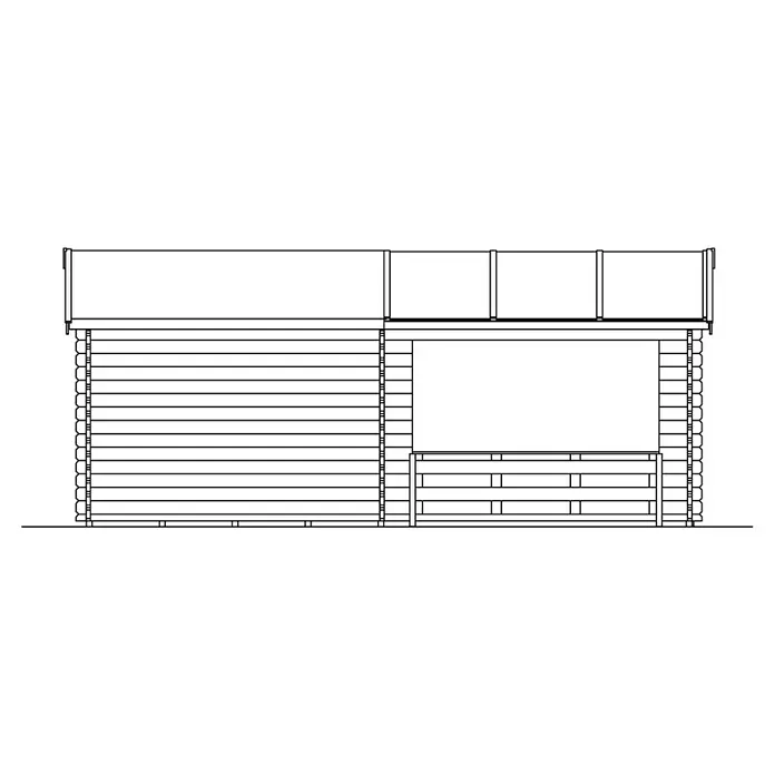 SKAN HOLZ Gartenhaus Holmestrand - Außenmaß inkl. Dachüberstand (B x T): 420 x 650 cm, Holz, Natur - Außenansicht eines Holzhauses mit Veranda, das die rustikale Bauweise und die Details der Holzkonstruktion hervorhebt.