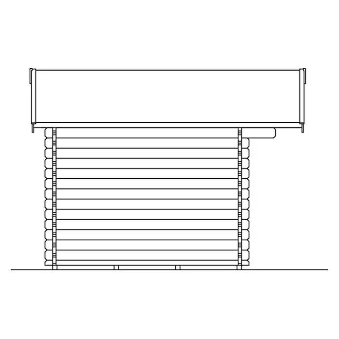 SKAN HOLZ Gartenhaus Langesund 1 - Außenmaß inkl. Dachüberstand (B x T): 380 x 350 cm, Holz, Natur - Das Bild zeigt ein Blockhaus mit rechteckigem Dach und horizontalen Holzscheiten. Die Konstruktion wirkt stabil und traditionell.