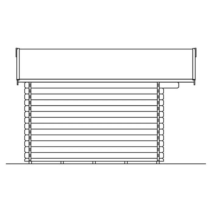SKAN HOLZ Gartenhaus Langesund 2 - Außenmaß inkl. Dachüberstand (B x T): 380 x 400 cm, Holz, Natur - Abbildung eines Blockhauses mit horizontalen Stämmen und einem schlichten Dach. Die Konstruktion ist einfach und robust.