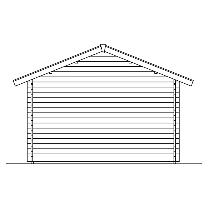 SKAN HOLZ Gartenhaus Lugano 2 - Außenmaß inkl. Dachüberstand (B x T): 500 x 460 cm, Holz, Natur, 1 Lage Dachschalung - Schemazeichnung einer Holzhütte mit Giebeldach und horizontaler Holzverschalung, die Konstruktionsdetails hervorhebt.