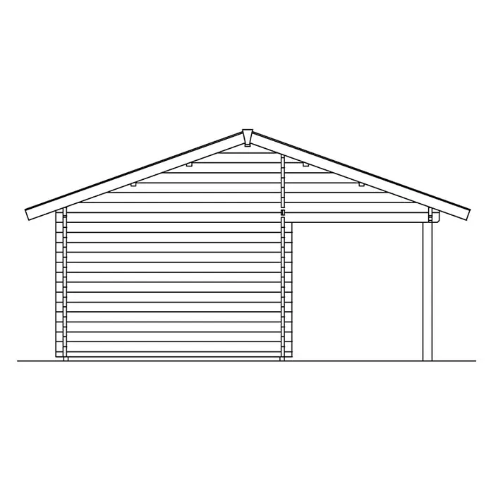 SKAN HOLZ Gartenhaus Luzern - Außenmaß inkl. Dachüberstand (B x T): 460 x 580 cm, Holz, Natur, Dachschalung & Dachlattung - Schemazeichnung eines Holzhauses mit Satteldach und offener Veranda, das die Struktur und das Design des Bauwerks hervorhebt.
