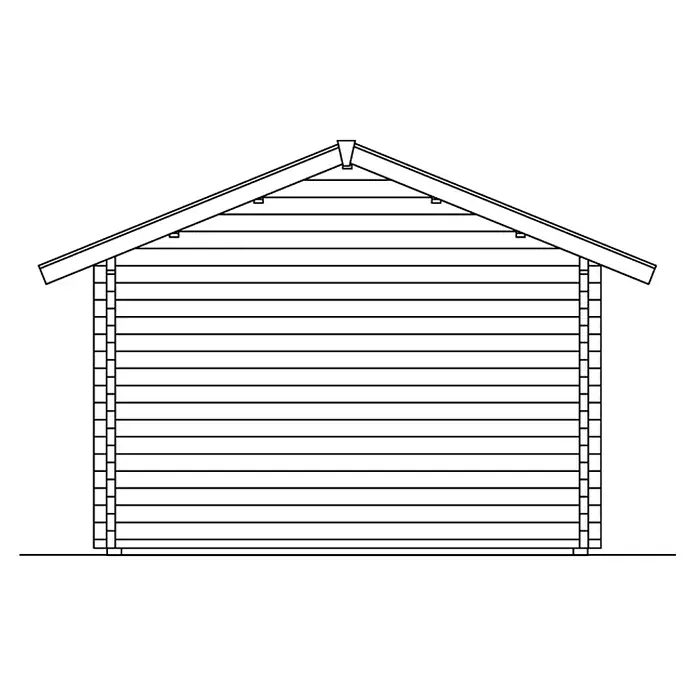 SKAN HOLZ Gartenhaus Montreal 2 - Außenmaß inkl. Dachüberstand (B x T): 500 x 460 cm, Holz, Natur, Dachschalung & Dachlattung - Ansicht einer skizzenhaften Holzhütte mit Giebeldach, die eine rustikale Bauweise und solide Konstruktion für verschiedene Nutzungen zeigt.