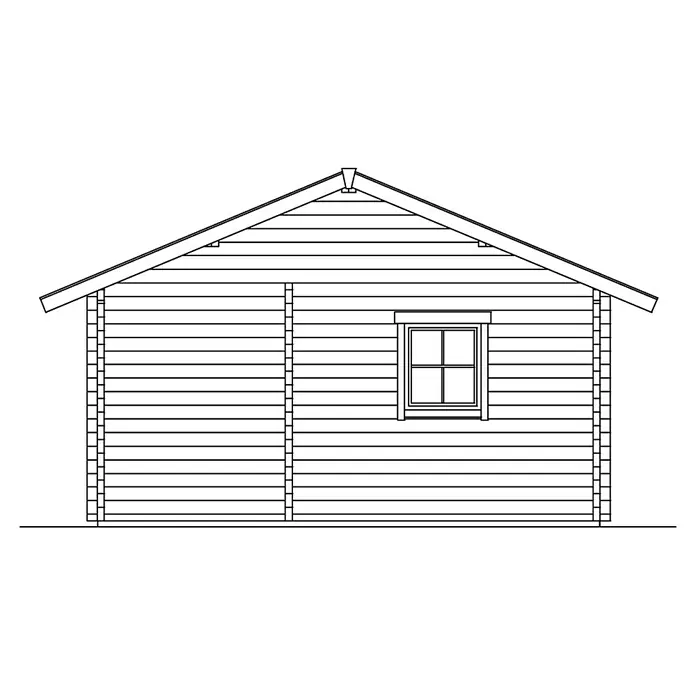 SKAN HOLZ Gartenhaus Ontario - Außenmaß inkl. Dachüberstand (B x T): 680 x 580 cm, Holz, Natur, 1 Lage Dachschalung - Seitenansicht eines skizzierten Holzhauses mit Fenster, das die typische Bauweise und Struktur eines Blockhauses hervorhebt.