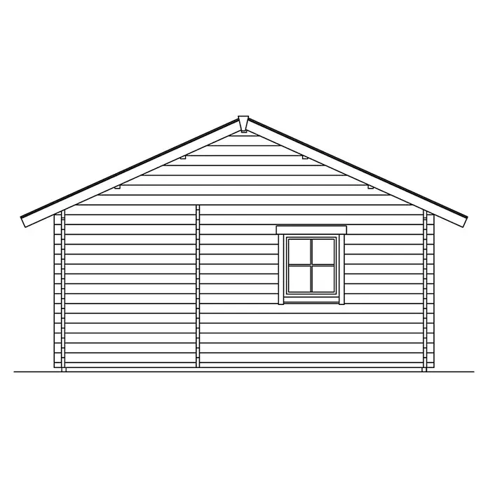 SKAN HOLZ Gartenhaus St. Moritz - Außenmaß inkl. Dachüberstand (B x T): 680 x 580 cm, Holz, Natur, 1 Lage Dachschalung - Detaillierte Strichzeichnung eines Holzhauses mit Giebeldach und Fenster. Klare Linienführung und minimalistisches Design.