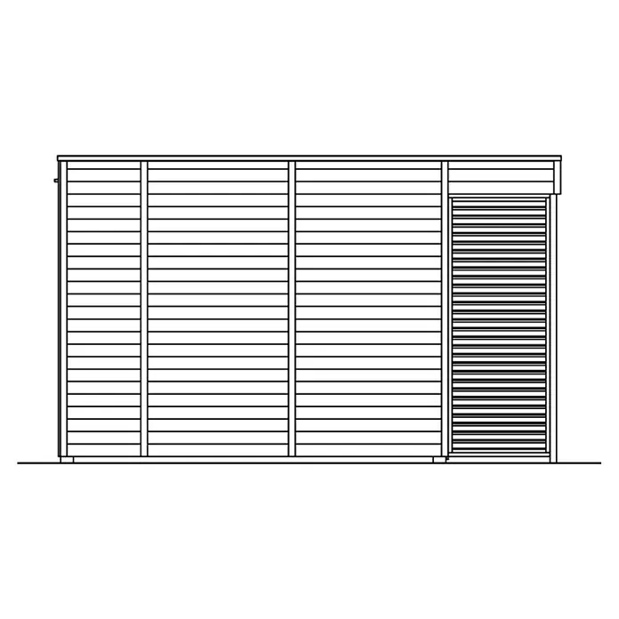 SKAN HOLZ Gartenhaus Tokio 2 - Außenmaß inkl. Dachüberstand (B x T): 340 x 440 cm, Holz, Natur, 11,56 m², Einschalig - Abbildung eines modernen Holzschuppens mit horizontaler Verkleidung und einer Rolltür, ideal für die Gartenaufbewahrung und Werkzeuge.