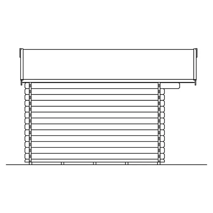 SKAN HOLZ Gartenhaus Trondheim 1 - Außenmaß inkl. Dachüberstand (B x T): 420 x 400 cm, Holz, Natur - Seitenansicht eines Blockhauses mit einem rechteckigen Dachaufbau. Die Konstruktion zeigt die typische Bauweise mit horizontal gestapelten Baumstämmen.