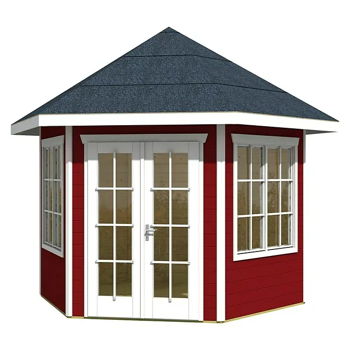 SKAN HOLZ Gartenpavillon Almelo - Holz, Schwedenrot - Das Bild zeigt ein sechseckiges Gartenhaus mit einem dunkelgrauen Dach, roten Wänden und weißen Fenster- und Türrahmen.