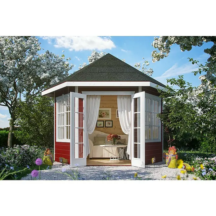 SKAN HOLZ Gartenpavillon Almelo - Holz, Schwedenrot - Einladender Gartenpavillon mit geöffneten Türen, umgeben von blühenden Pflanzen und Bäumen, der zum Entspannen im Freien einlädt.